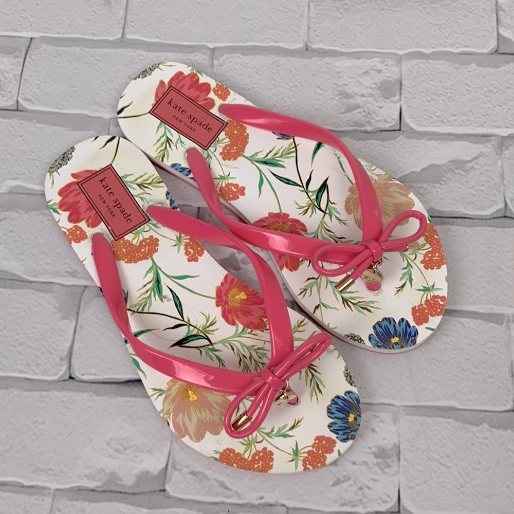 Kate Spade flip Flop Bow Floral Sandals Size 5-6 Pink white - Picture 1 of 11